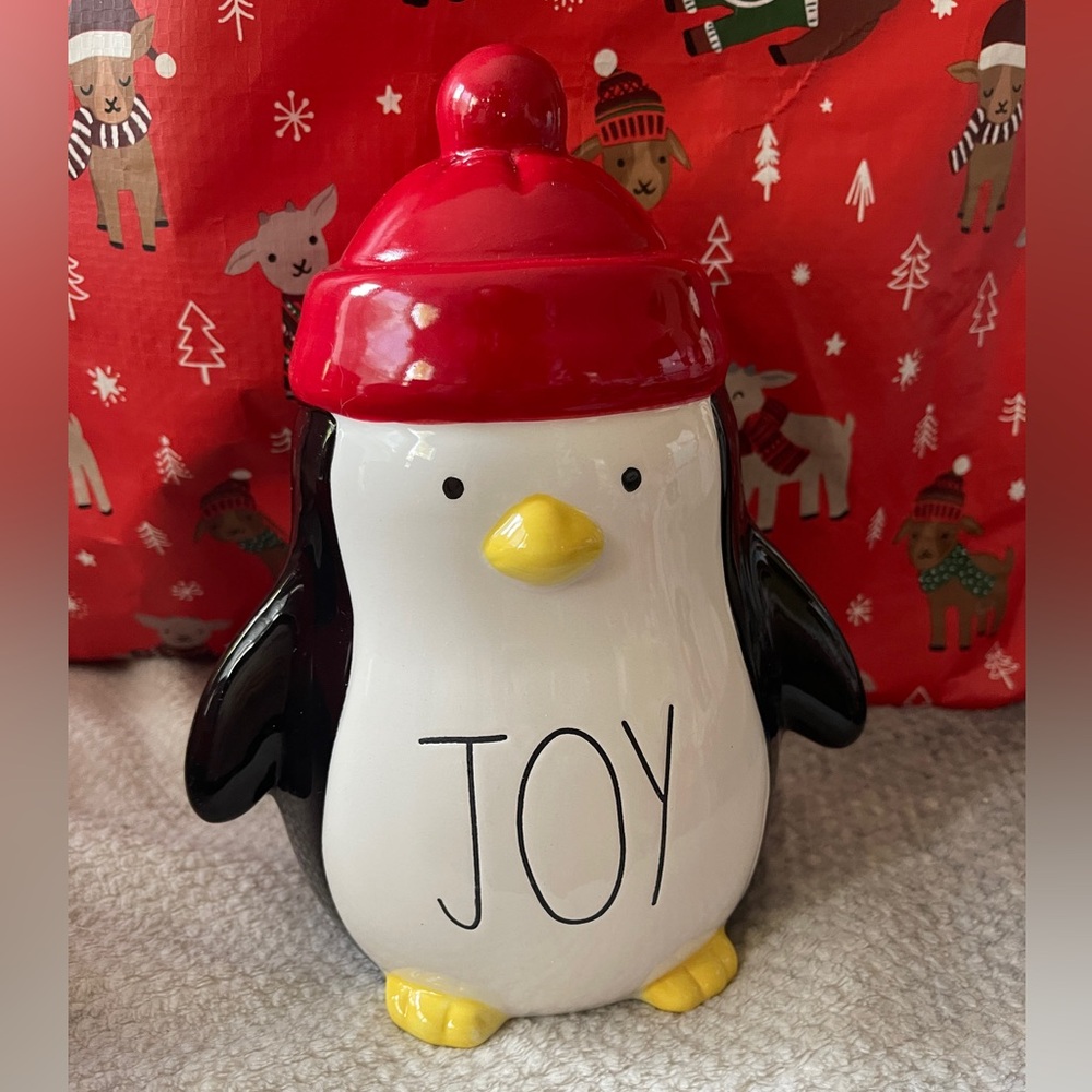 Rae Dunn Penguin with Red Hat Joy Ceramic Figure Tabletop Decor NEW